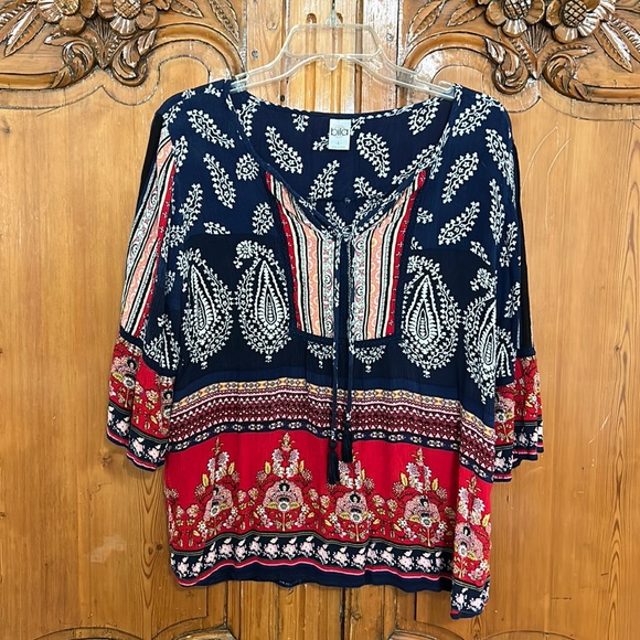 Bila Tops - Bila Peasant Top with Tassle Neckline and Bell Cuff Sleeve